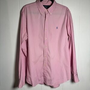 VTG Y2K Ralph Lauren Men XL Custom Fit Pink White Striped‎ Button Long Sleeve